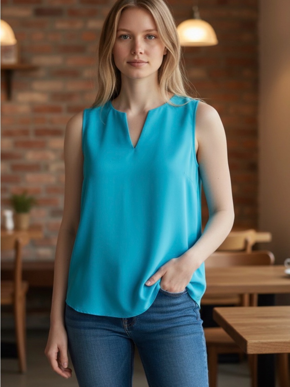 Amanda Uprichard Turquoise Notched V-Neck Sleeveless blouse size M